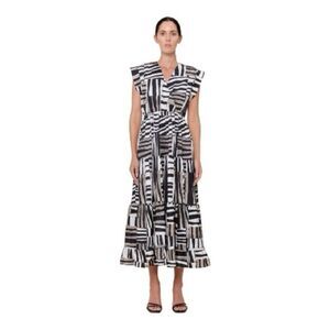Sofia Made in Italy Boho Midi Dress Cotton Tiered V-Neck Abstract Print | size S